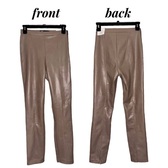 ZARA Tan Faux Leather Leggings Vegan Skinny Pants Hi-Rise Ankle Slit Women’s S - Picture 3 of 16